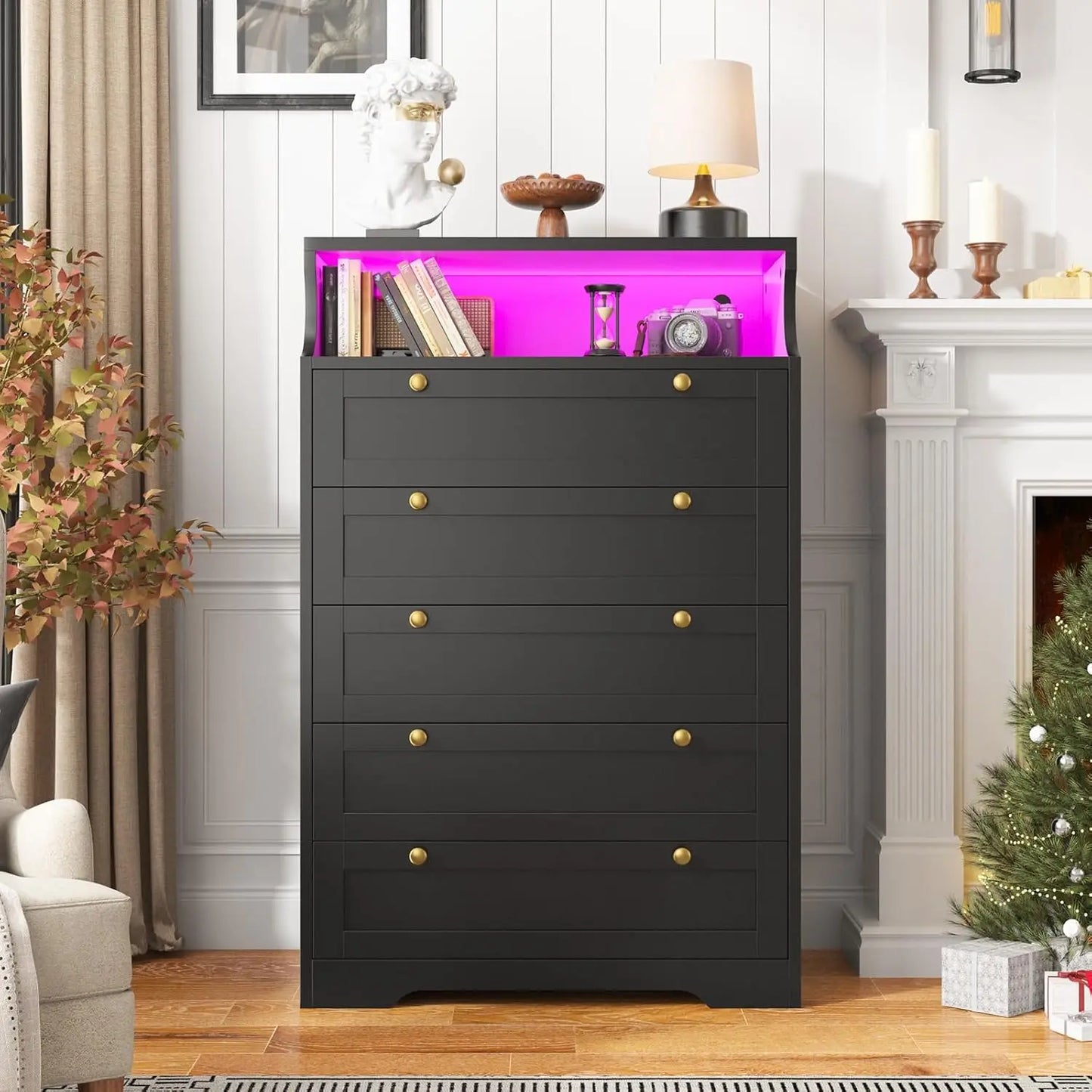 Black Dresser with 5 Drawers for Bedroom,Tall Dresser with LED Lights and 2 Shelves,Dressers & Chests of Drawers for Hallway