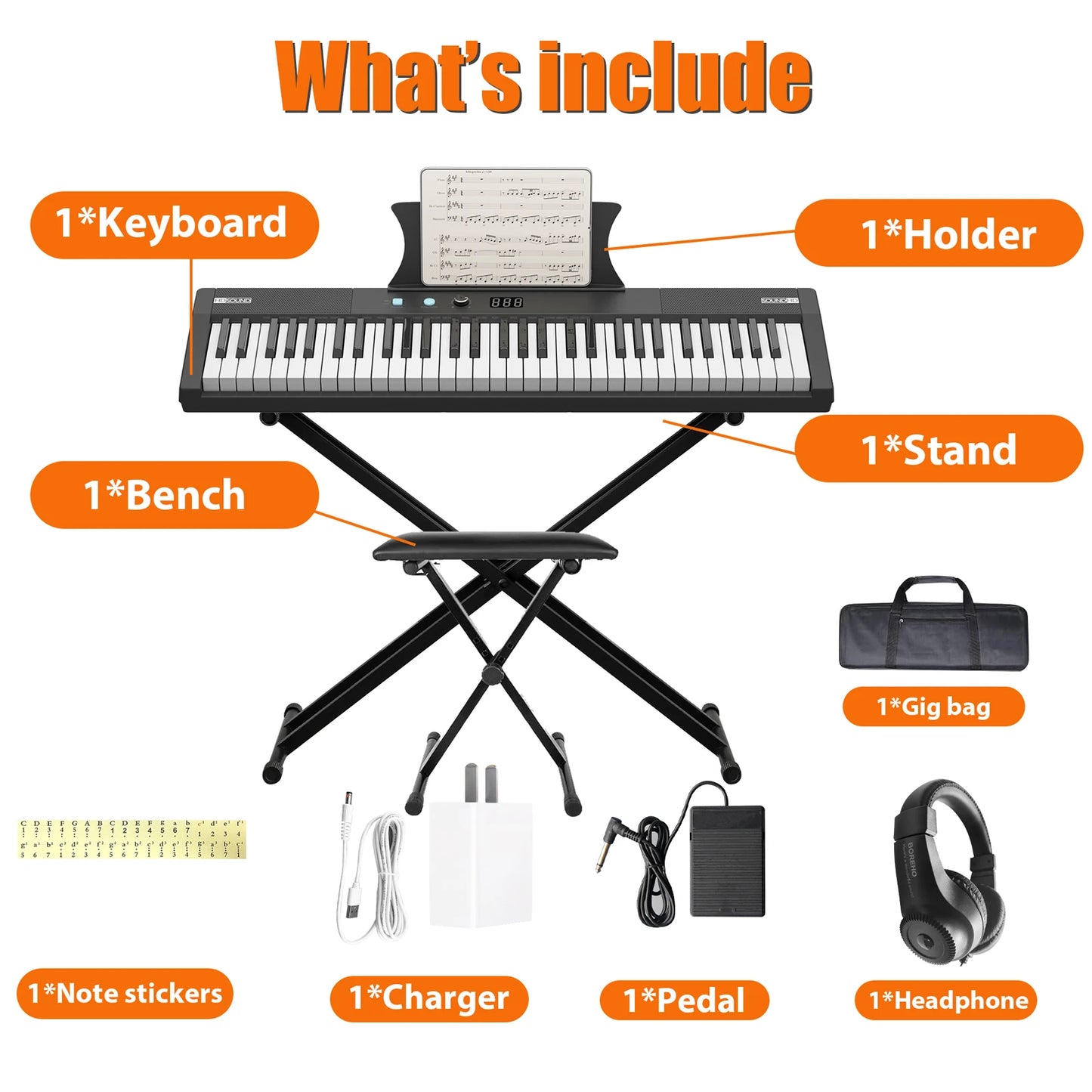61 Key Semi-Weighted Digital Piano Keyboard with Power Supply Stand Stool and Microphone Set