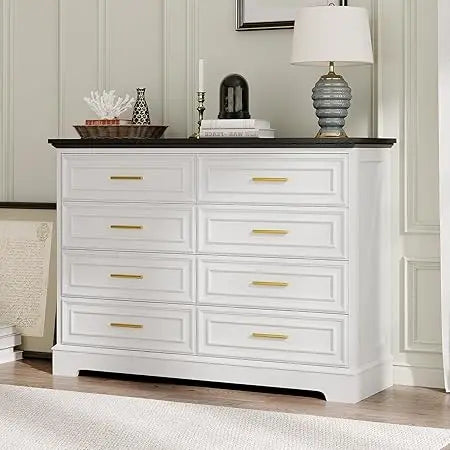 8 Drawer Dresser for Bedroom 52 Inch Wide Long Chest of Drawers Modern Wood TV Stand White Farmhouse Dresser for Living Room