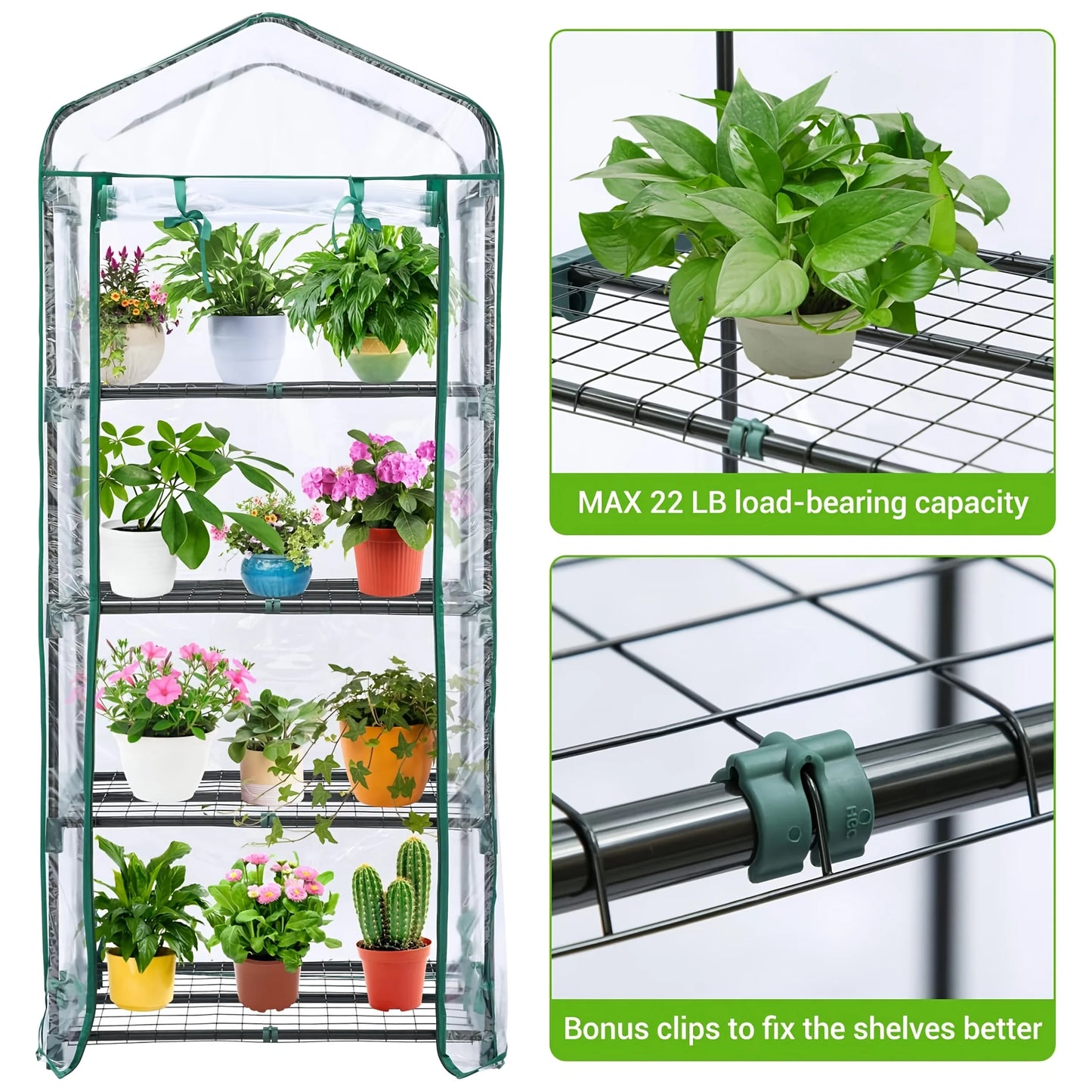 4 Tier Mini Greenhouse Portable Greenhouse with Rust Resistant Frame and PVC Cover for Winter Garden Patio Backyard Porch