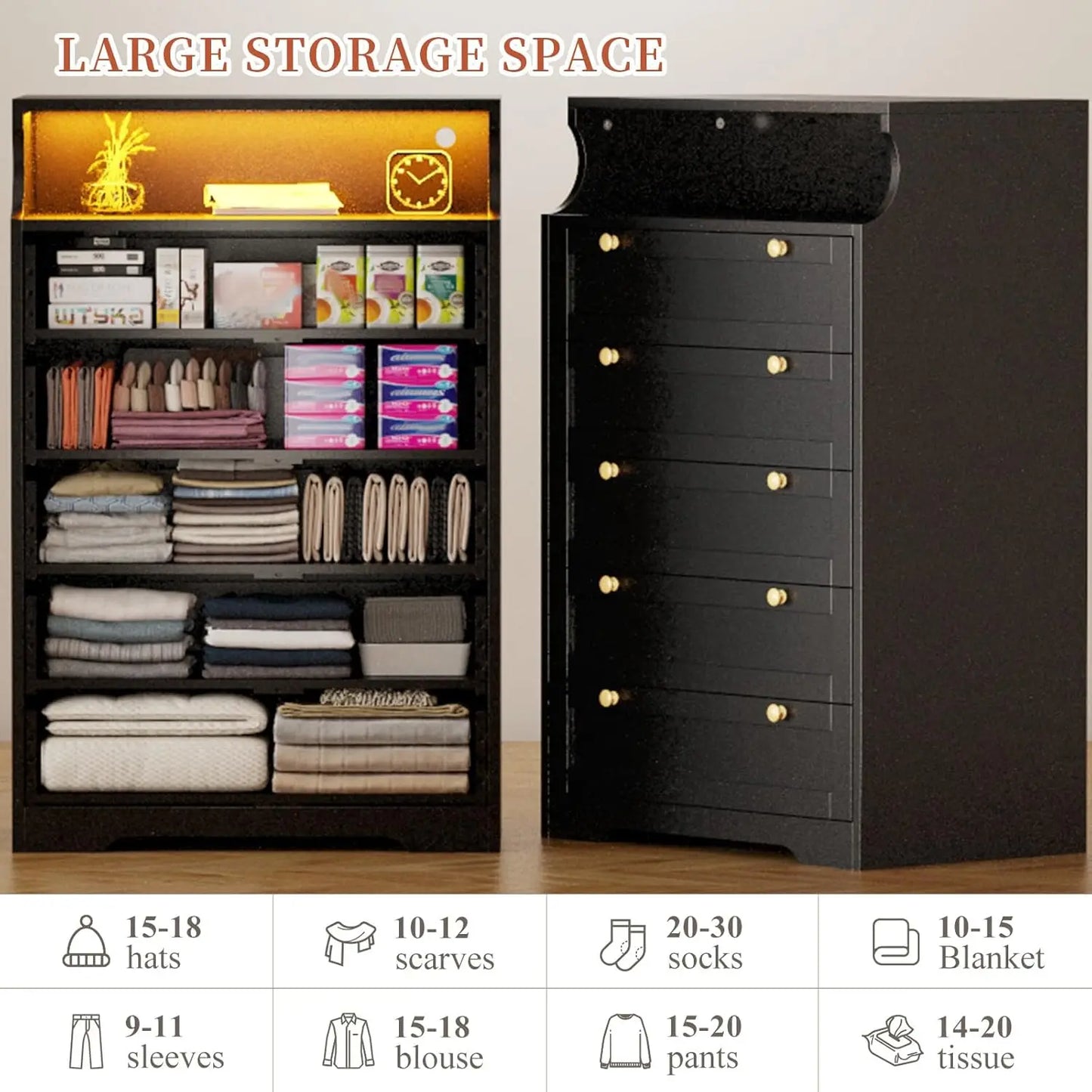 Black Dresser with 5 Drawers for Bedroom,Tall Dresser with LED Lights and 2 Shelves,Dressers & Chests of Drawers for Hallway