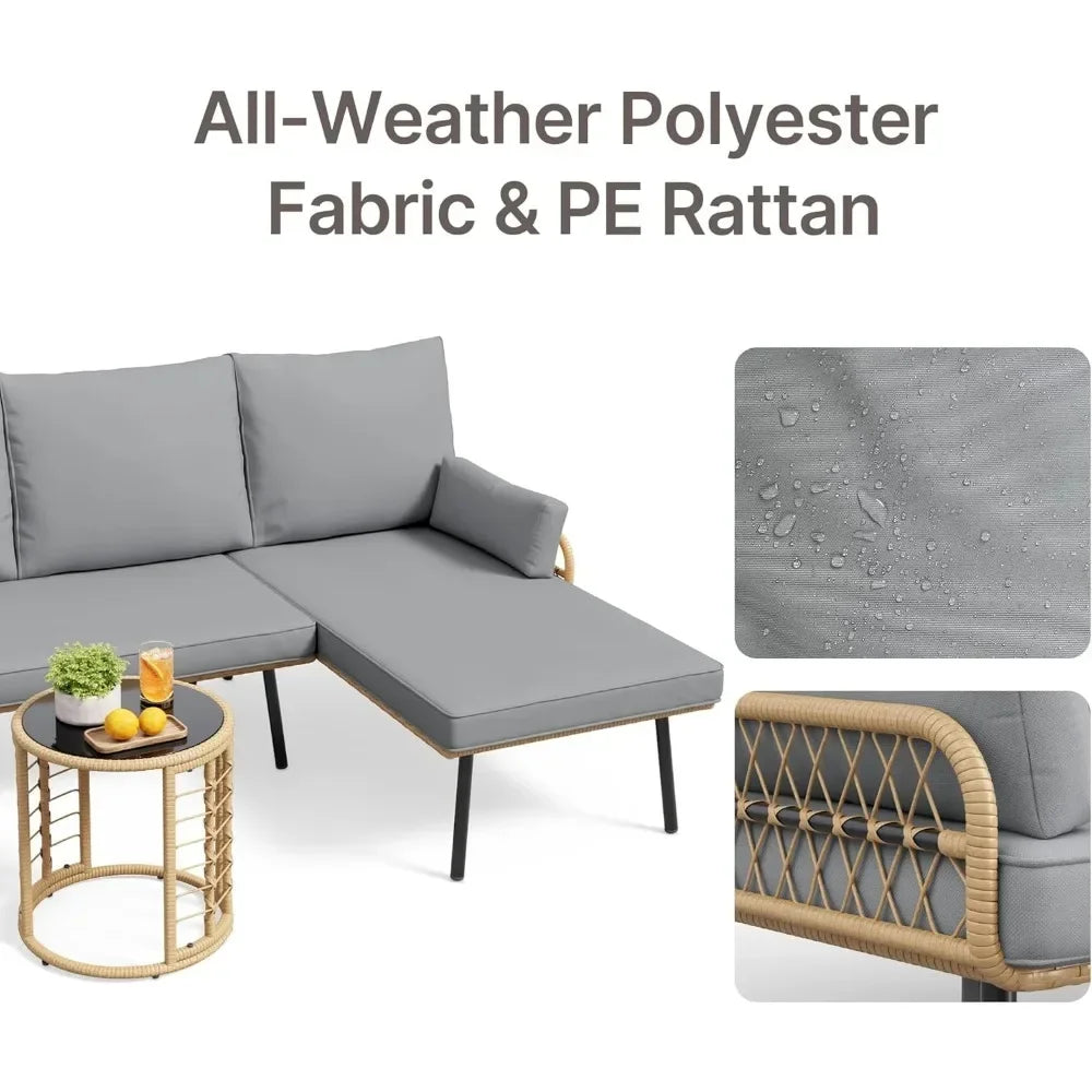Outdoor Patio Furniture Set, Wicker Rattan L-Shaped Conversation Sectional Sofa Set with Thick Cushions, Detachable Lounger