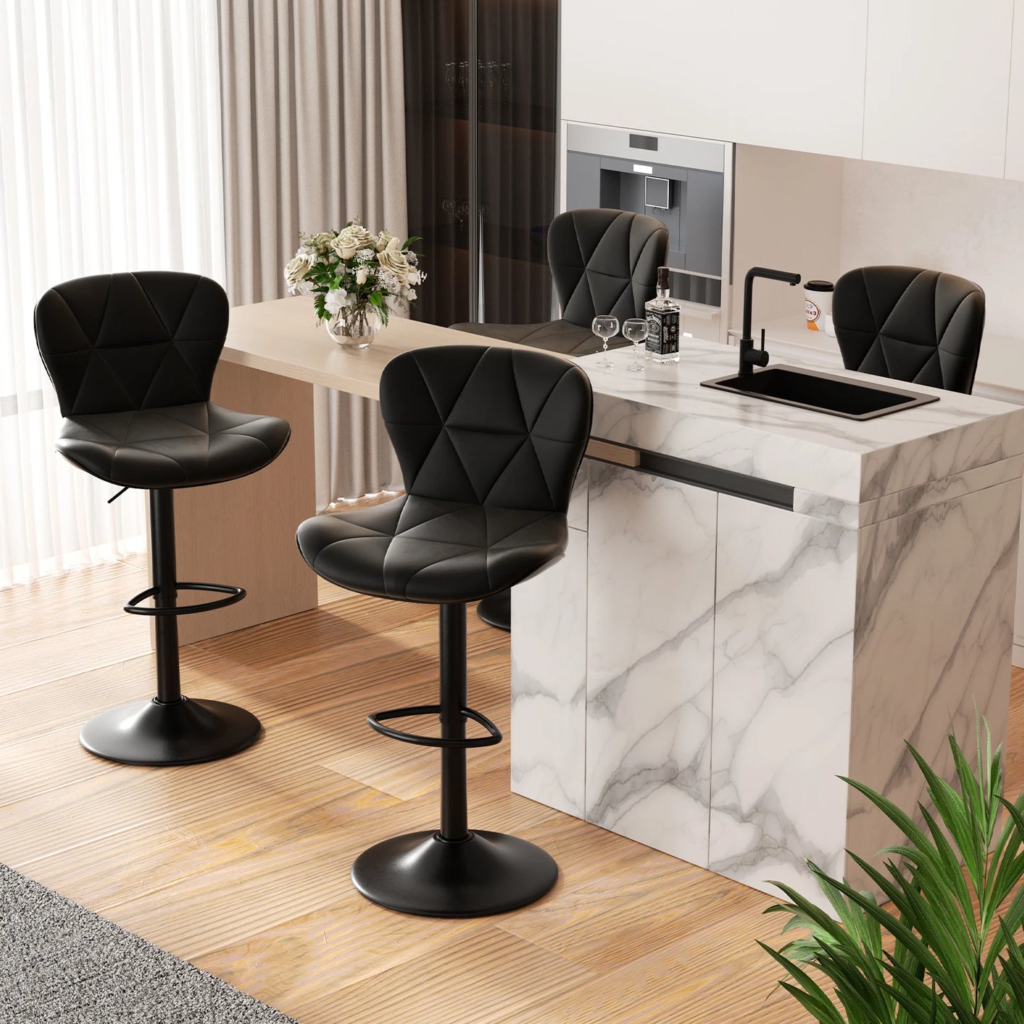 2 Pcs Bar Chair 360 Degree Rotation Adjustable Height Faux Leather Upholstered with Backrest Modern Bar Furniture for Dining Room Kitchen