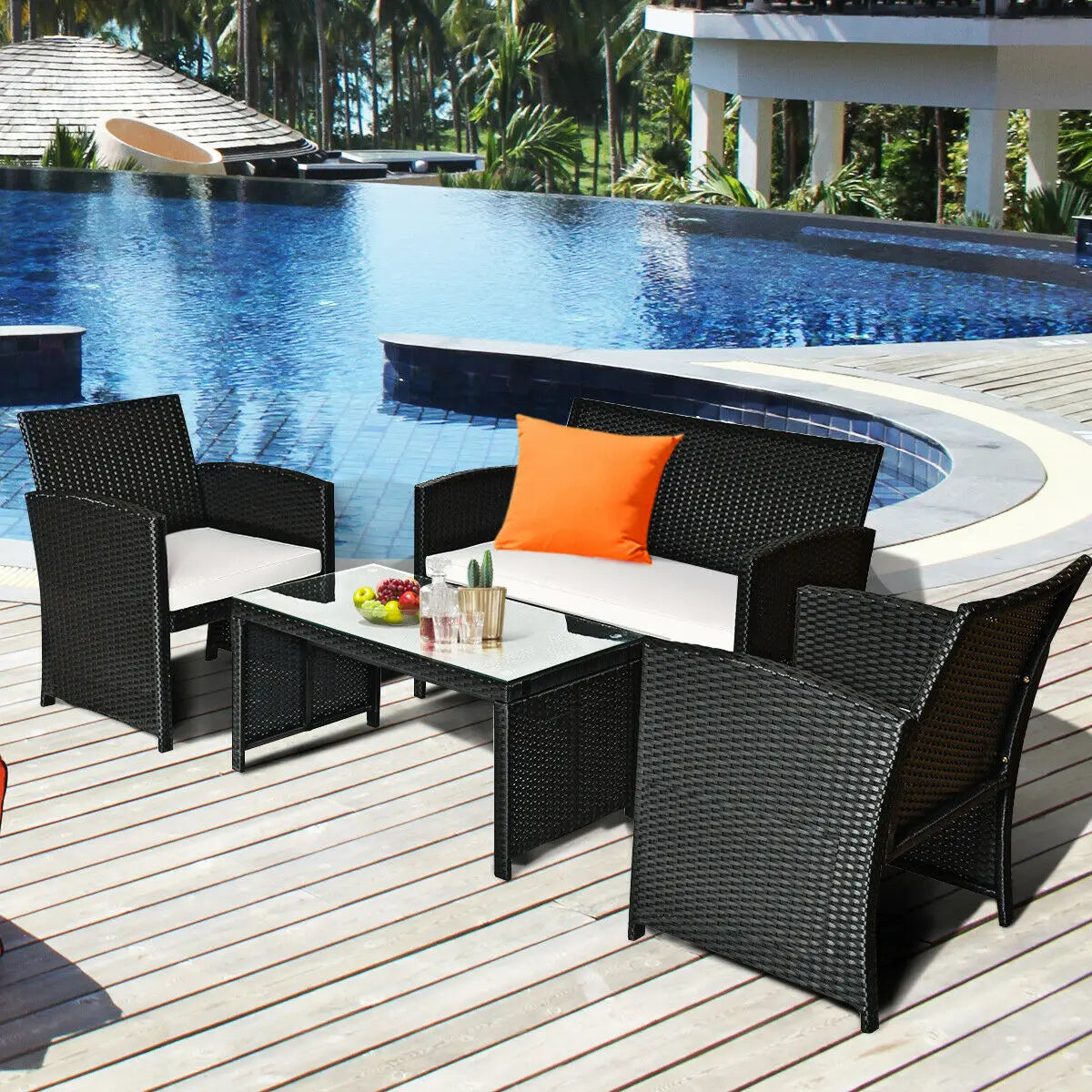 4 Piece Cushioned Patio Rattan Furniture Conversation Set Black Garden Sofa Table