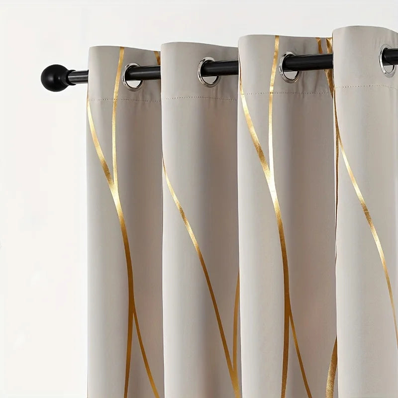 2 Pieces Golden Wave and Circle Blackout Curtains Thermal Insulated Light Filtering Drapes with Grommet Top for Living Room and Bedroom