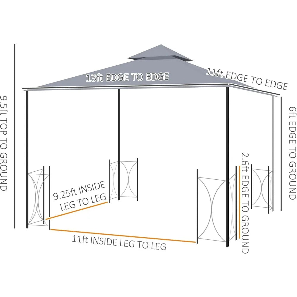 11 Foot x 13 Foot Patio Gazebo Double Roof Outdoor Canopy Shelter with Netting and Curtains Steel Corner Columns for Garden and Lawn