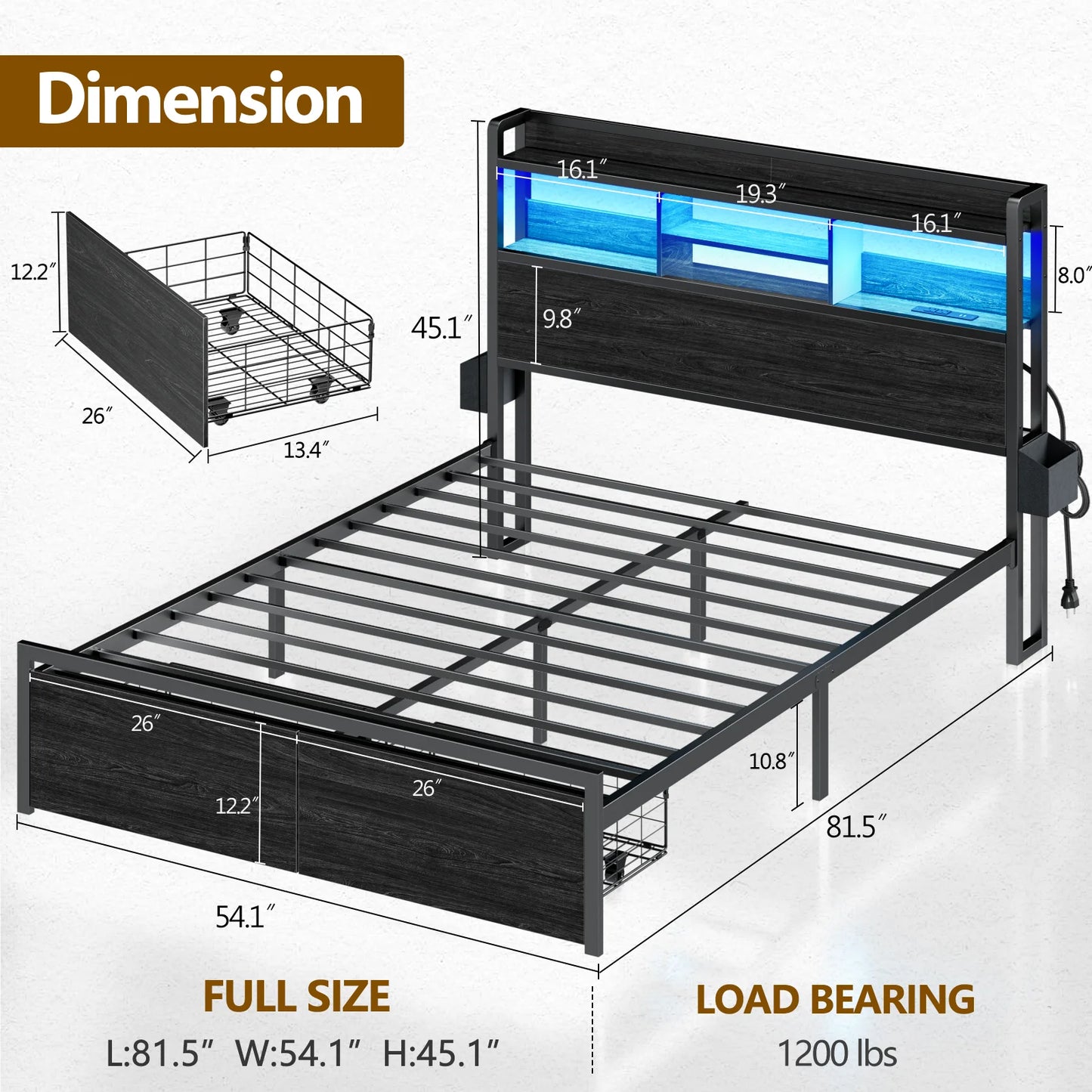 Full Queen Size Bed Frame with Storage Headboard Metal Platform Bed Frame with Storage Drawers LED Lights and Charging Station