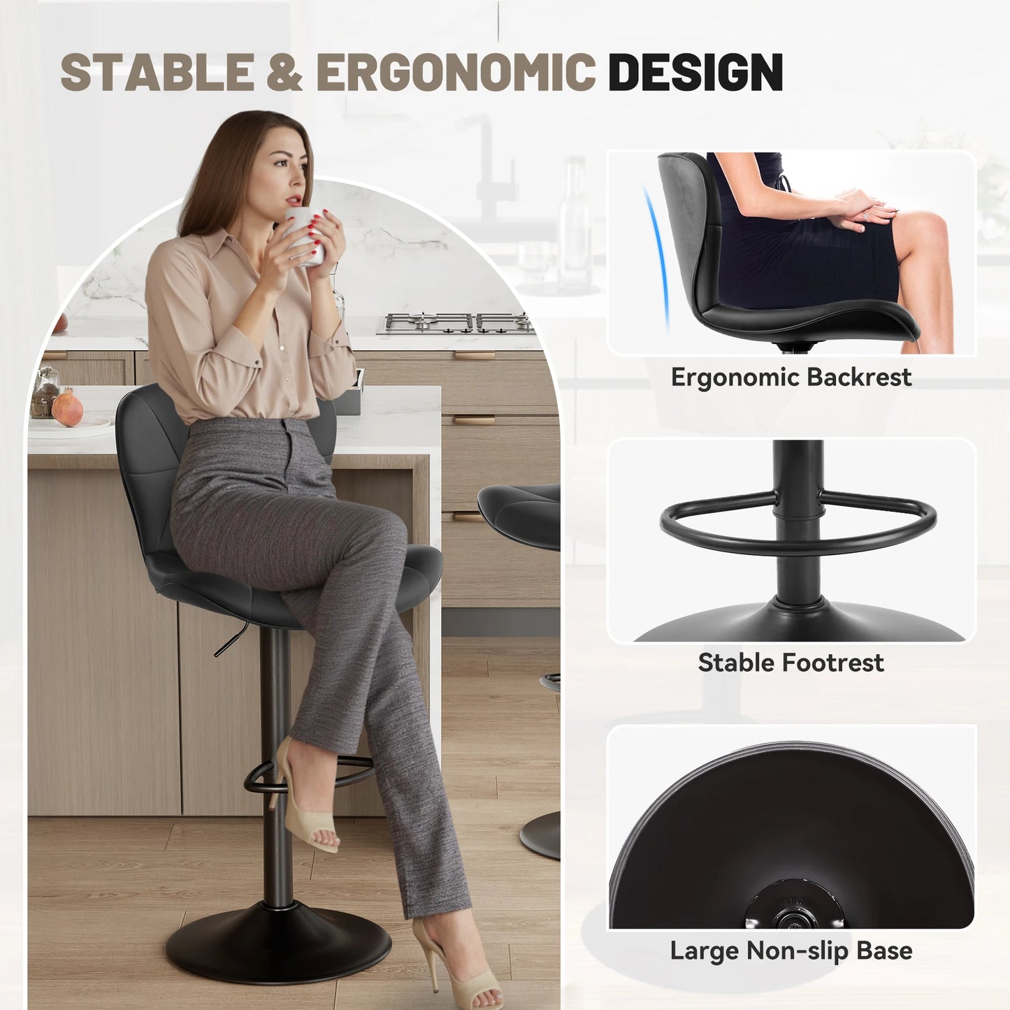 2 Pcs Bar Chair 360 Degree Rotation Adjustable Height Faux Leather Upholstered with Backrest Modern Bar Furniture for Dining Room Kitchen
