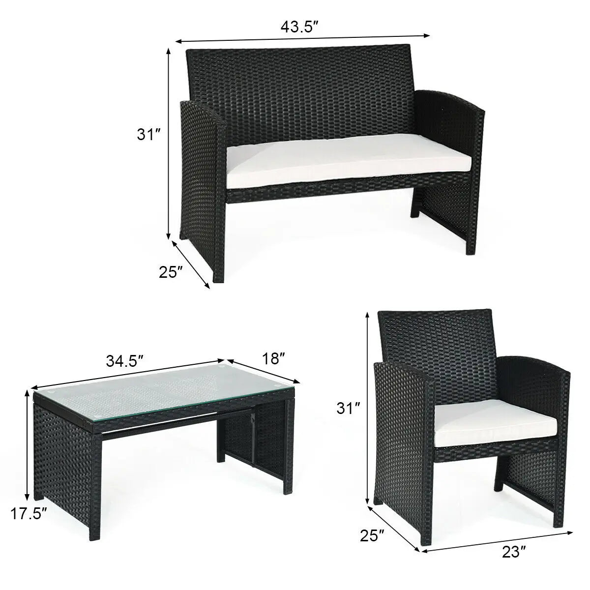 4 Piece Cushioned Patio Rattan Furniture Conversation Set Black Garden Sofa Table