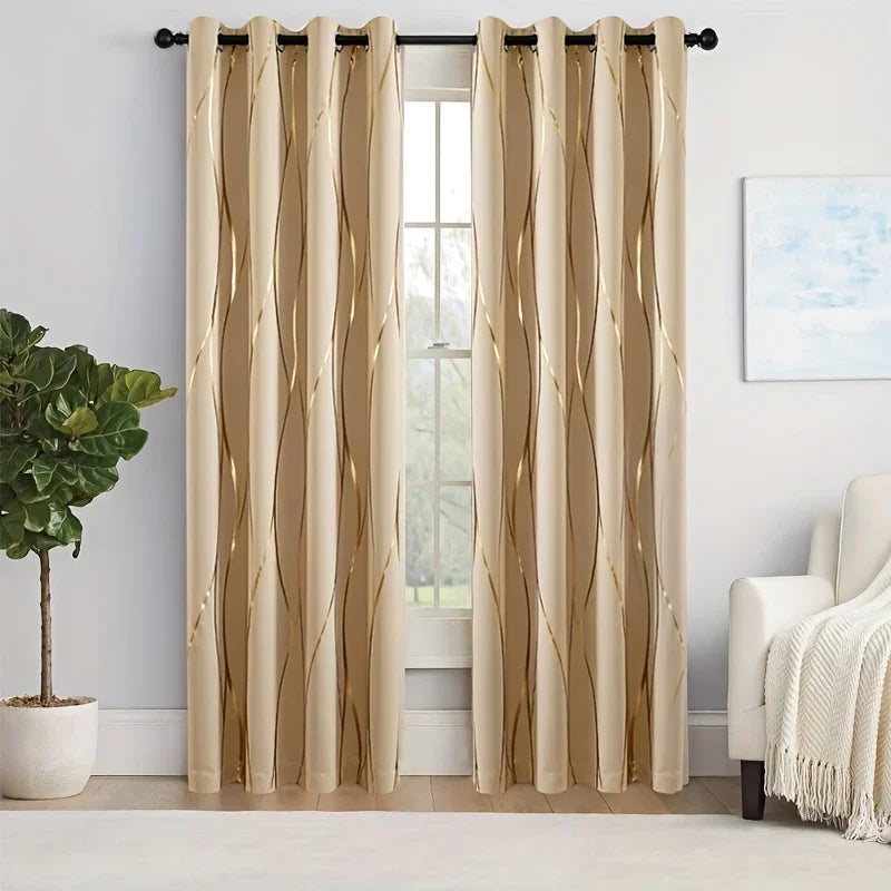 2 Pieces Golden Wave and Circle Blackout Curtains Thermal Insulated Light Filtering Drapes with Grommet Top for Living Room and Bedroom