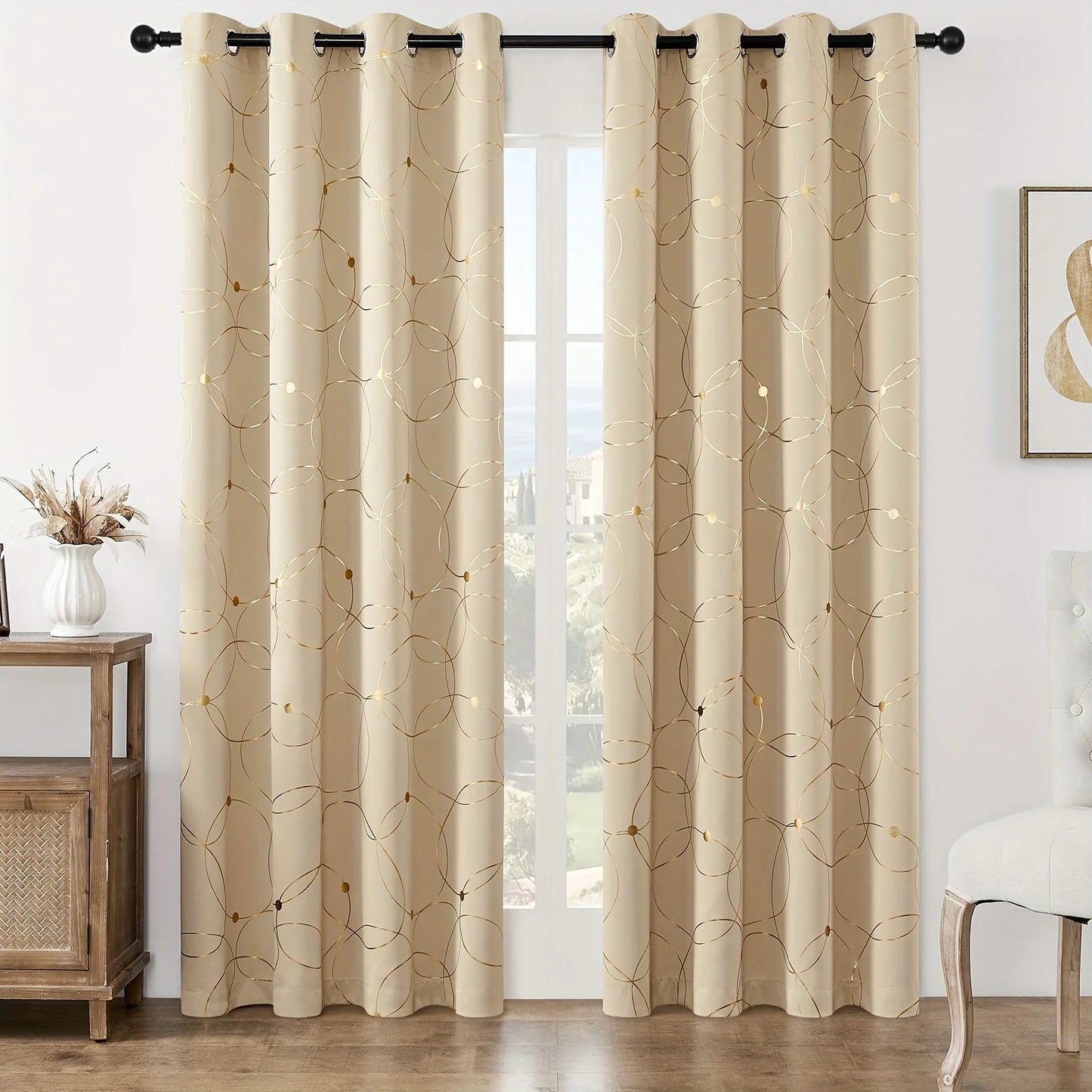 2 Pieces Golden Wave and Circle Blackout Curtains Thermal Insulated Light Filtering Drapes with Grommet Top for Living Room and Bedroom