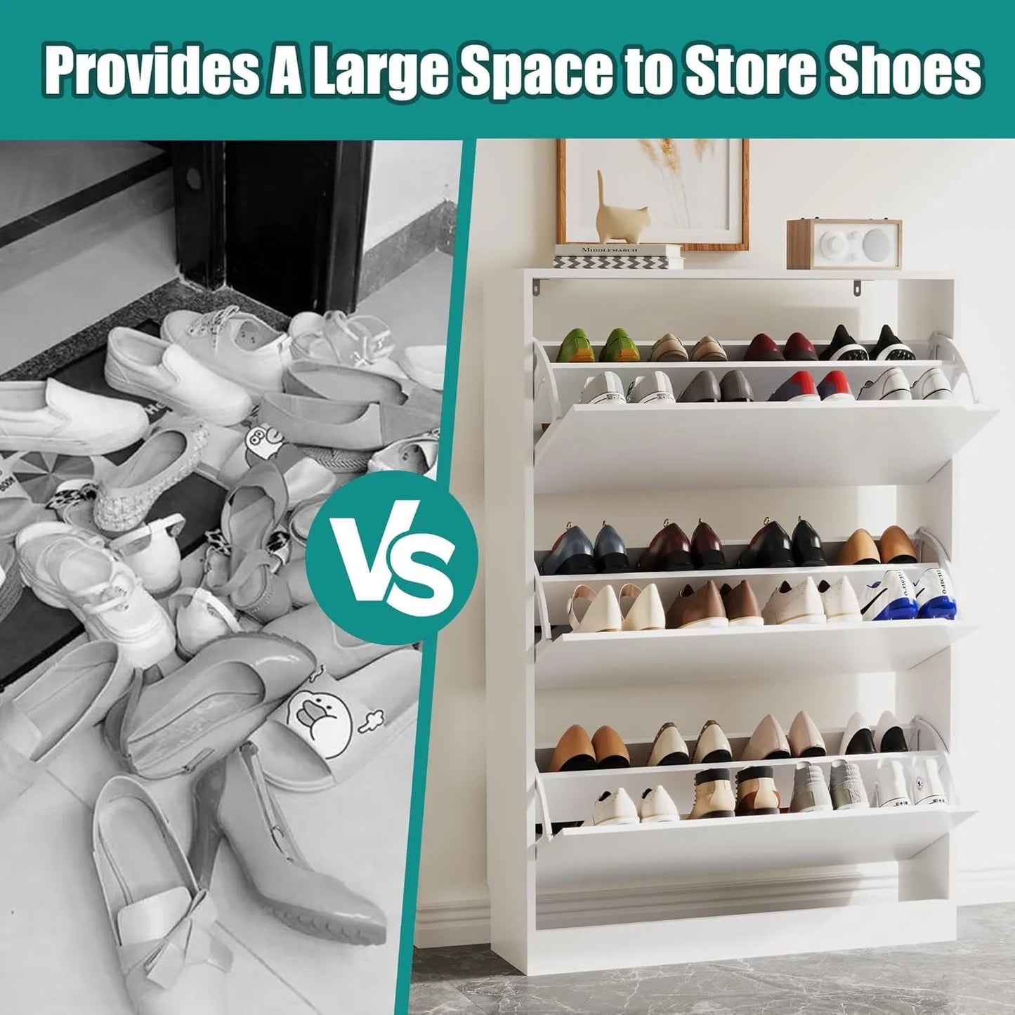 Entryway Wooden Shoe Storage Cabinet With 3 Flip Drawers
