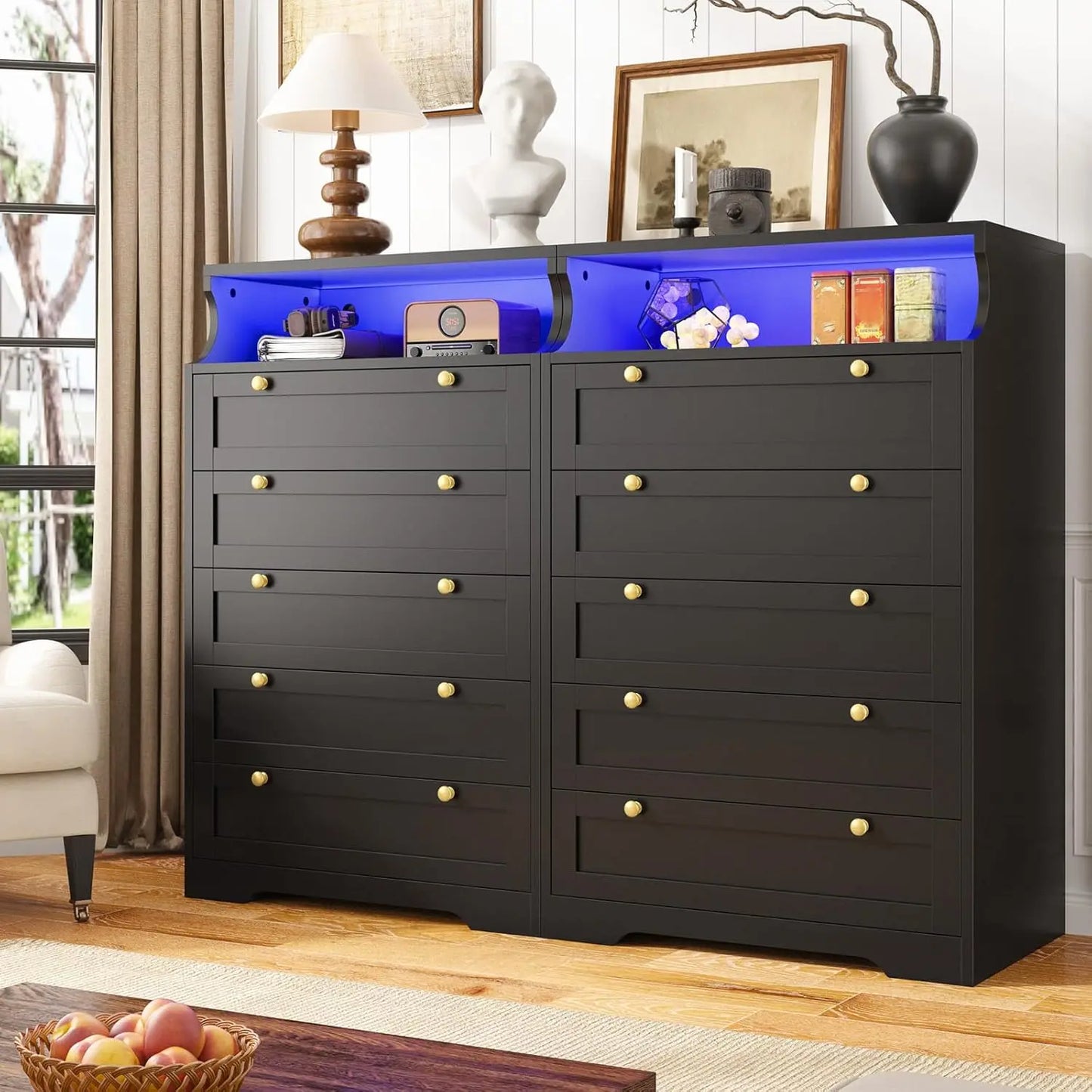 Black Dresser with 5 Drawers for Bedroom,Tall Dresser with LED Lights and 2 Shelves,Dressers & Chests of Drawers for Hallway
