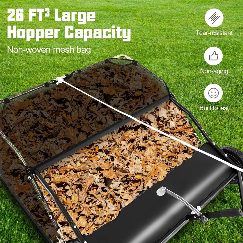 42 Inch Lawn Sweeper Tow Behind Yard Sweeper with 26 Cubic Feet Large Capacity Hopper Bag and Dumping Rope