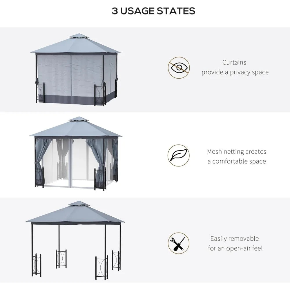 11 Foot x 13 Foot Patio Gazebo Double Roof Outdoor Canopy Shelter with Netting and Curtains Steel Corner Columns for Garden and Lawn