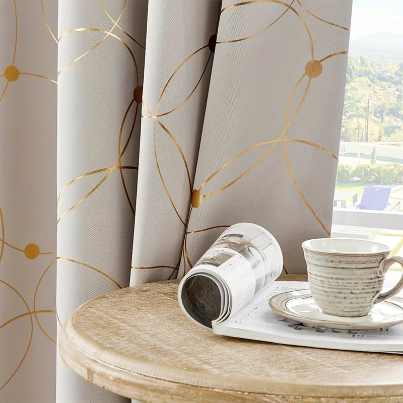 2 Pieces Golden Wave and Circle Blackout Curtains Thermal Insulated Light Filtering Drapes with Grommet Top for Living Room and Bedroom