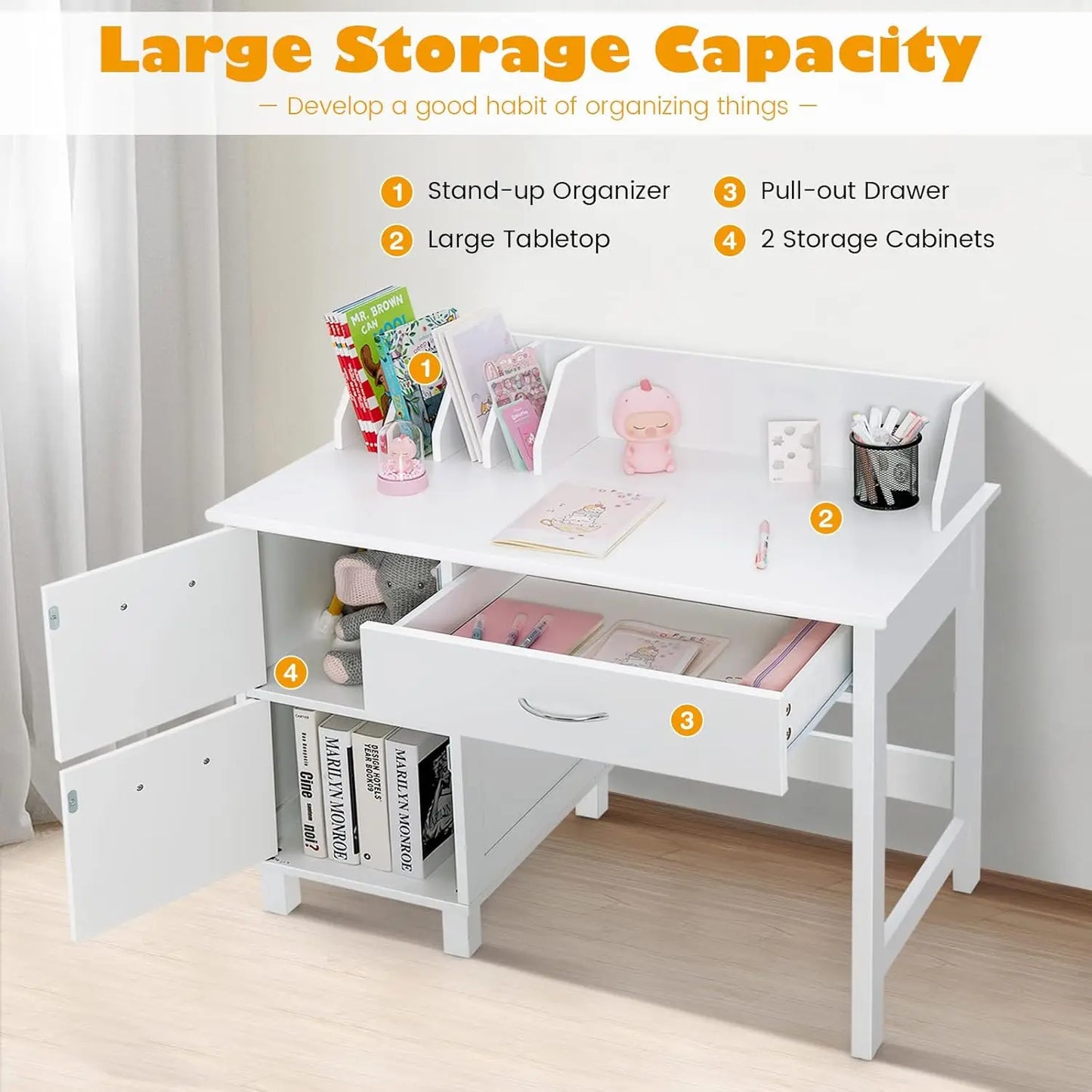 Kids Desk and Chair Set, Children Wooden School Learning Table w/Drawer & Storage Cabinets, Student Writing Computer Workstation
