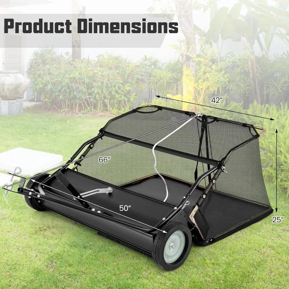 42 Inch Lawn Sweeper Tow Behind Yard Sweeper with 26 Cubic Feet Large Capacity Hopper Bag and Dumping Rope