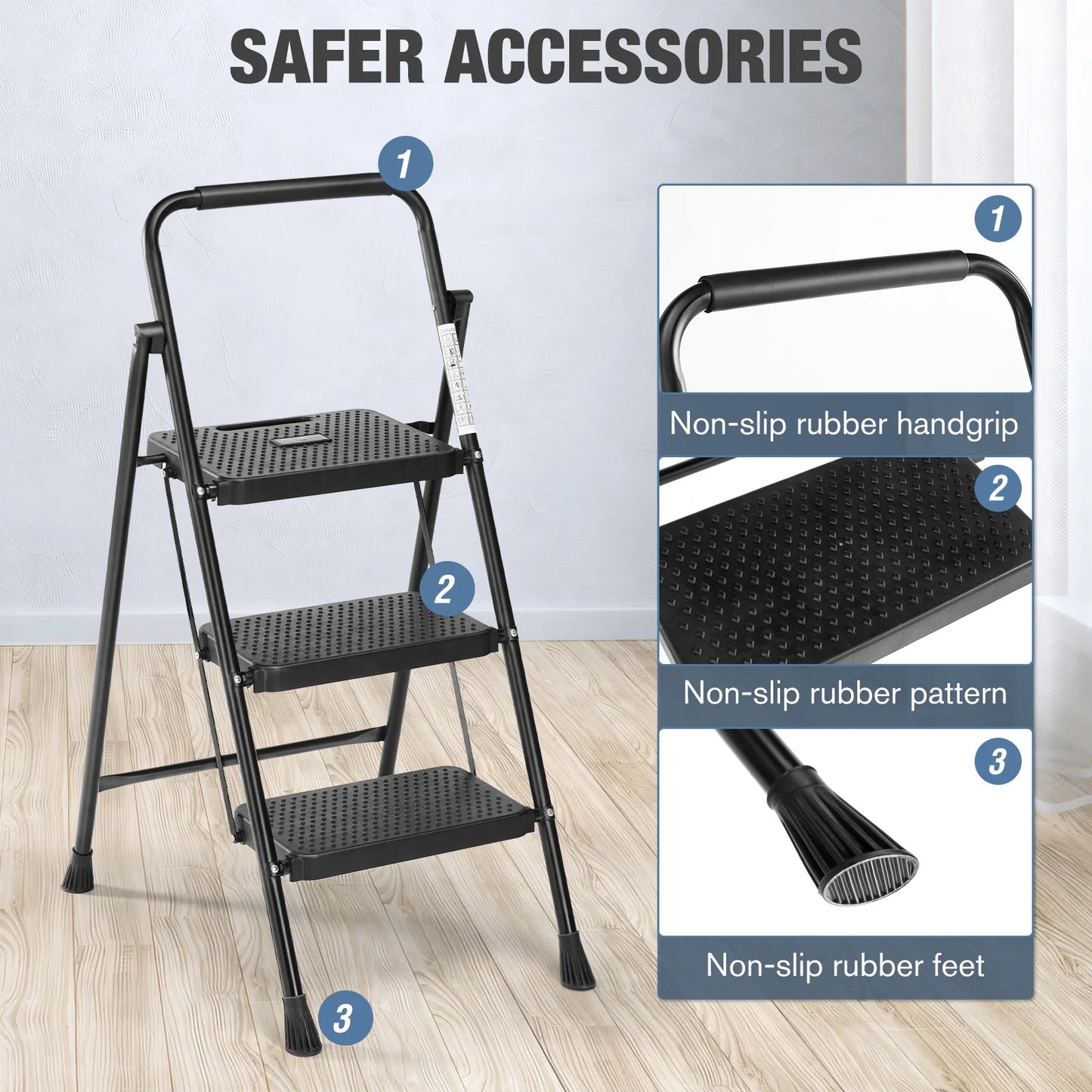 JHK Folding 2/3 Step Ladder Stool with Anti Slip Pedal 800 Pounds Capacity Sturdy Steel Portable Cushioned Handle for Kitchen Home