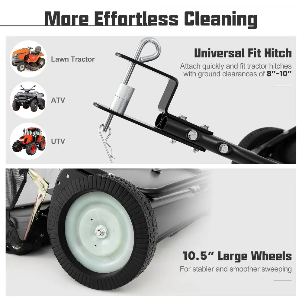 42 Inch Lawn Sweeper Tow Behind Yard Sweeper with 26 Cubic Feet Large Capacity Hopper Bag and Dumping Rope