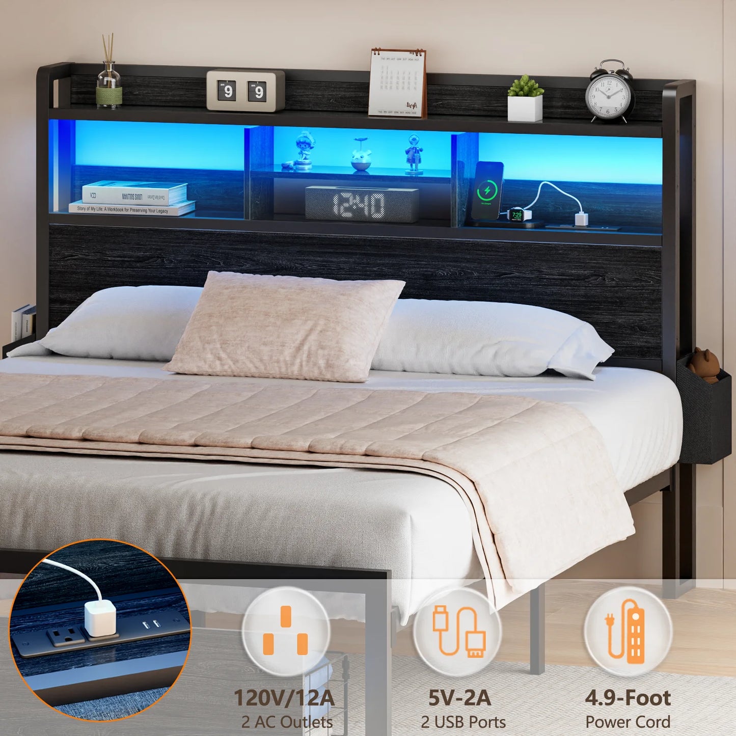Full Queen Size Bed Frame with Storage Headboard Metal Platform Bed Frame with Storage Drawers LED Lights and Charging Station