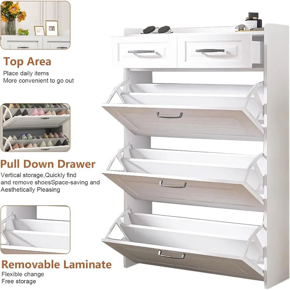 Shoe Storage Cabinet with 3 Flip & 2 Drawers - Holds 18-25 Pairs, White Wood PVC Door Design for Entryway & Hallway