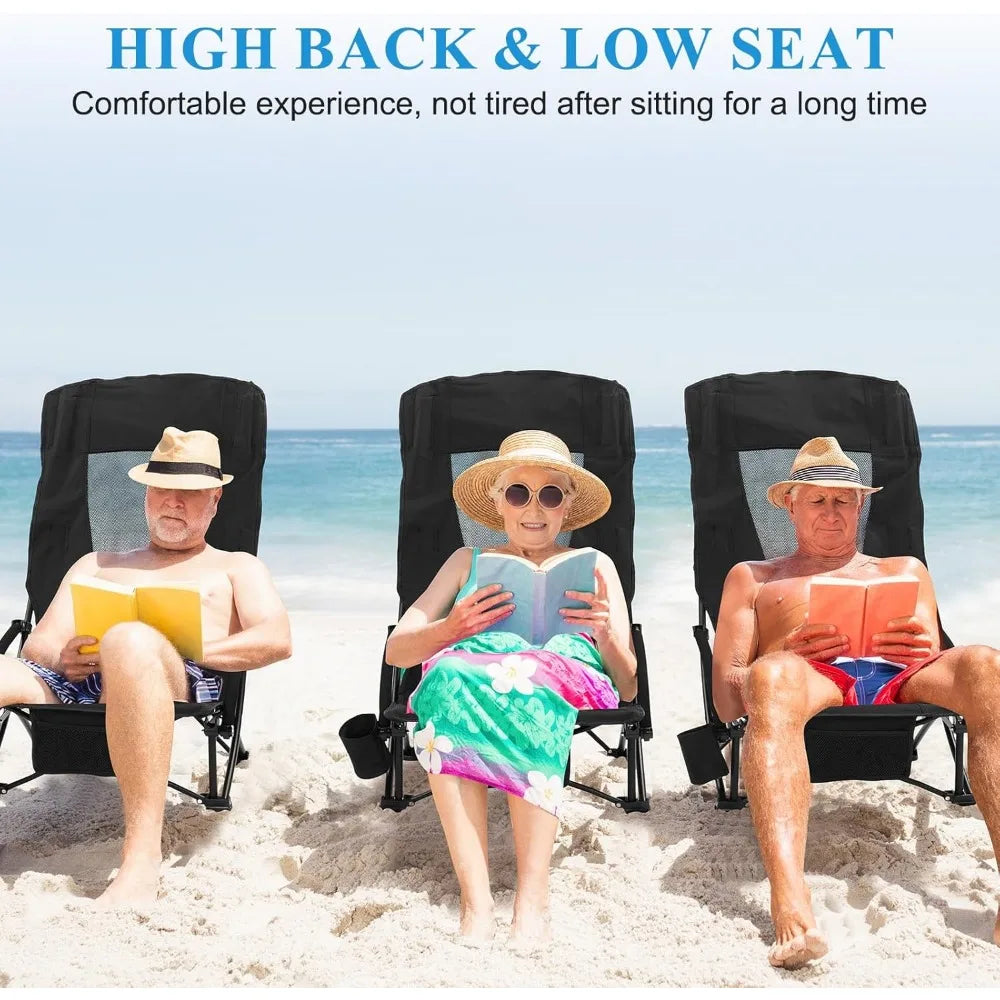 4 Pack Beach Chair for Adult High Back Low Beach Chair Bulk Portable Folding Camping Chairs Lightweight Sand Chairs with Cup Hol