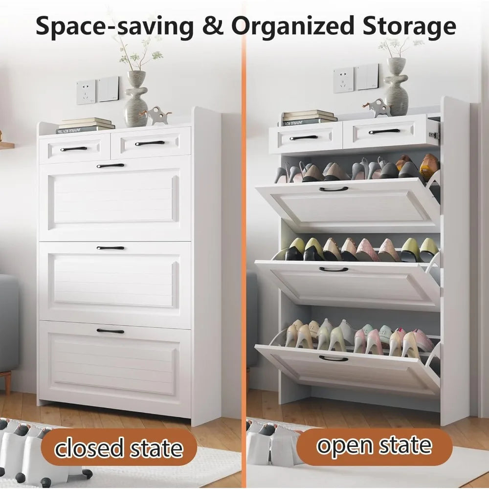 Shoe Storage Cabinet with 3 Flip & 2 Drawers - Holds 18-25 Pairs, White Wood PVC Door Design for Entryway & Hallway