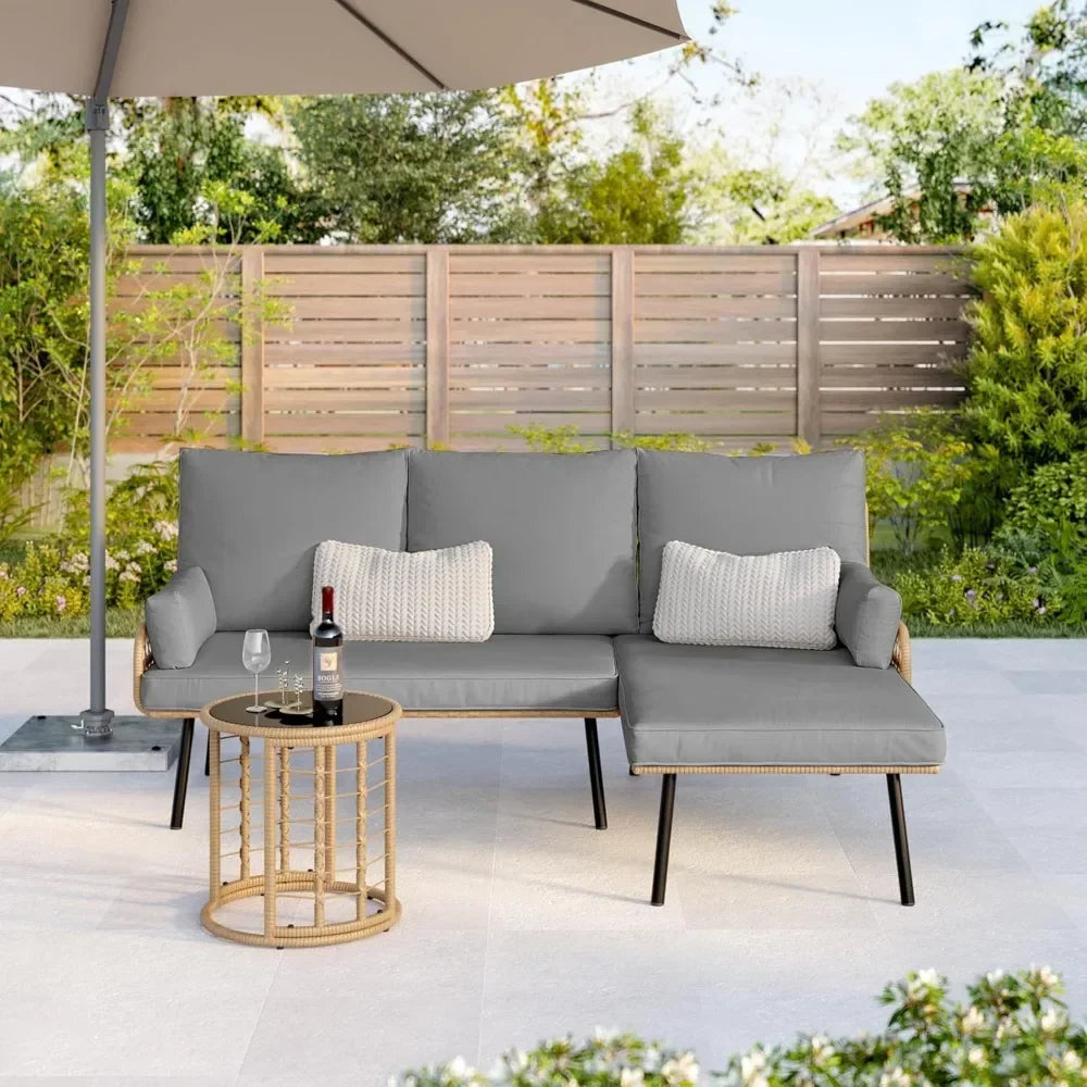 Outdoor Patio Furniture Set, Wicker Rattan L-Shaped Conversation Sectional Sofa Set with Thick Cushions, Detachable Lounger