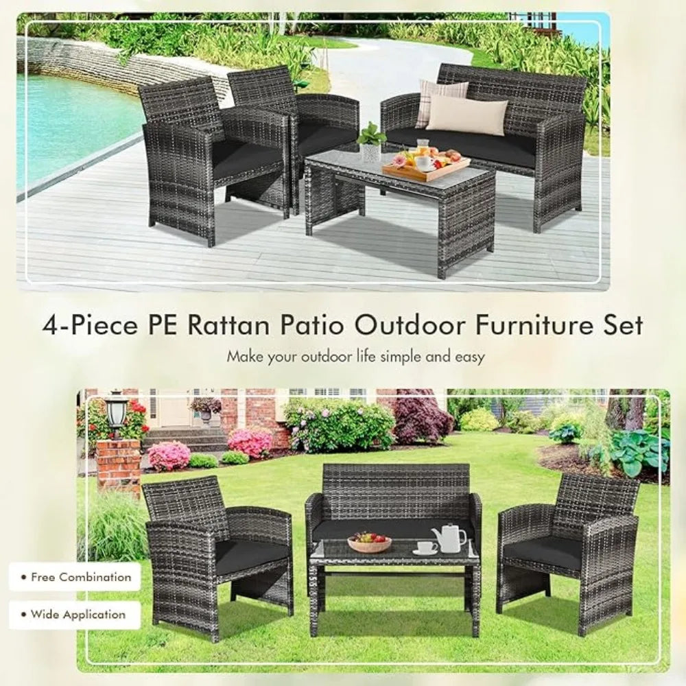 4 Piece Rattan Patio Furniture Set Outdoor Wicker Conversation Sofa with Weather Resistant Cushions and Tempered Glass Tabletop