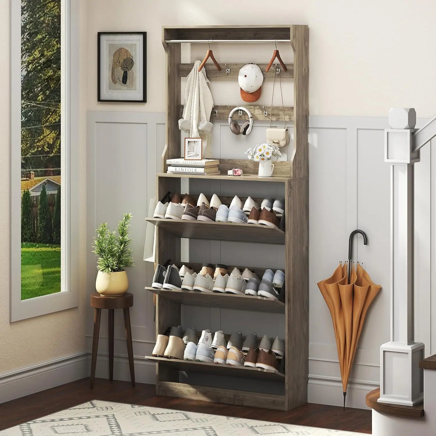 Entryway Wooden Shoe Storage Cabinet With 3 Flip Drawers