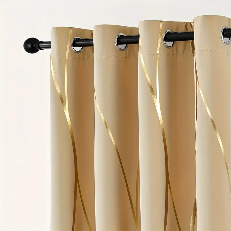 2 Pieces Golden Wave and Circle Blackout Curtains Thermal Insulated Light Filtering Drapes with Grommet Top for Living Room and Bedroom