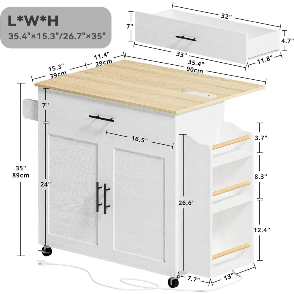 Kitchen Island with Storage, Rolling Kitchen Island on Wheels with Drop Leaf, Door Cabinet, Drawer, 3 Open Spice Rack Shelf