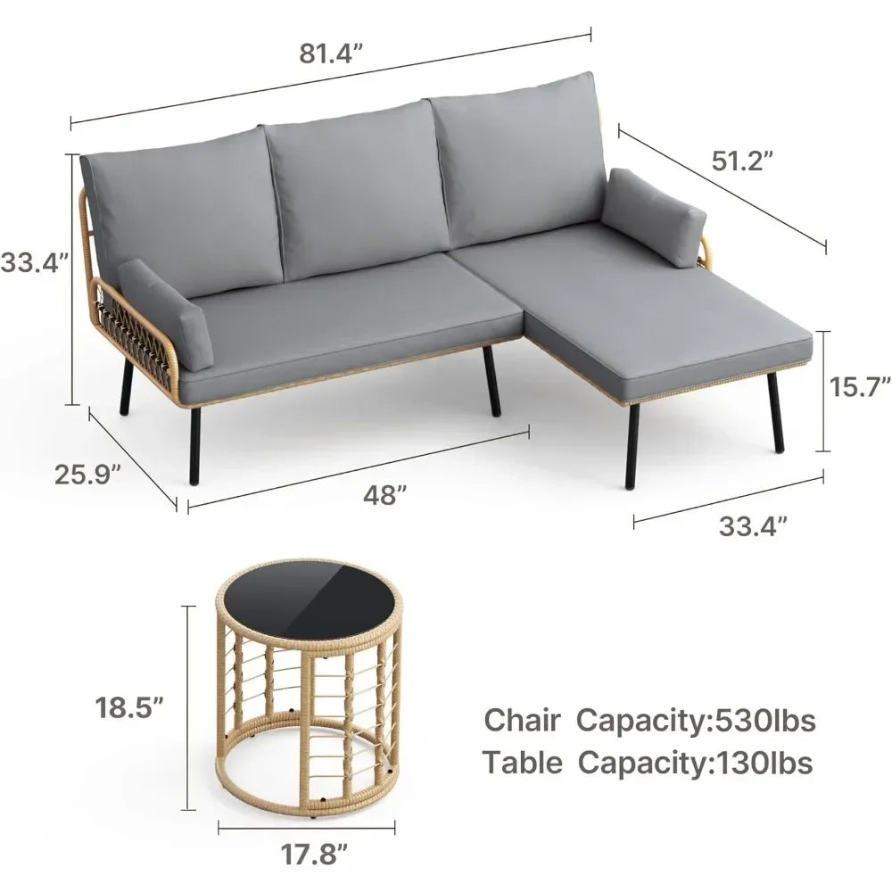 Outdoor Patio Furniture Set, Wicker Rattan L-Shaped Conversation Sectional Sofa Set with Thick Cushions, Detachable Lounger