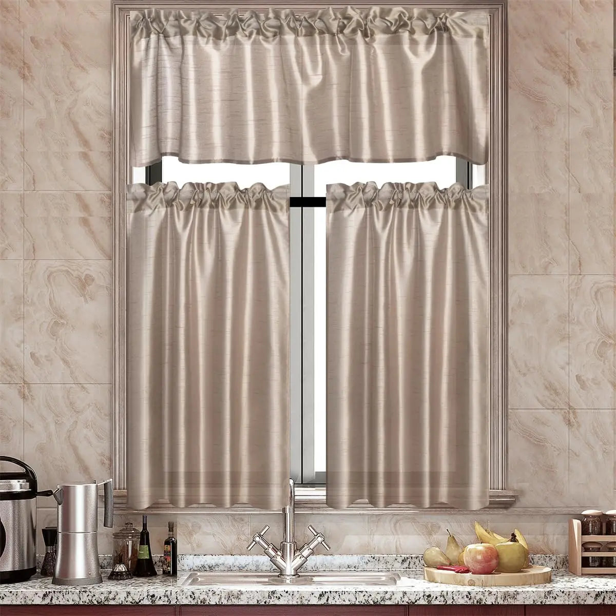3 Panels Gold Rod Pocket Faux Silk Sheer Curtains With 2 Tiers 26x36 Each And 1 Valance 52x14 For Kitchen And Bathroom