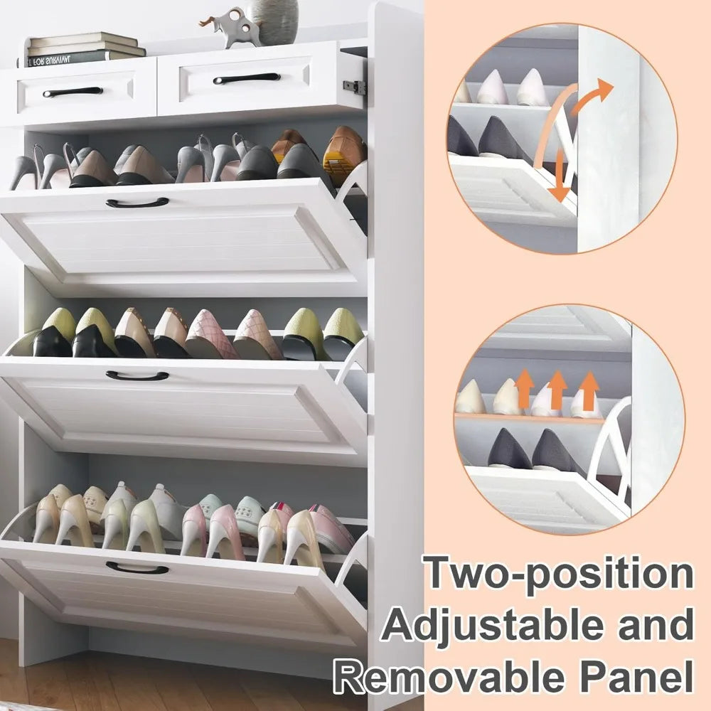 Shoe Storage Cabinet with 3 Flip & 2 Drawers - Holds 18-25 Pairs, White Wood PVC Door Design for Entryway & Hallway