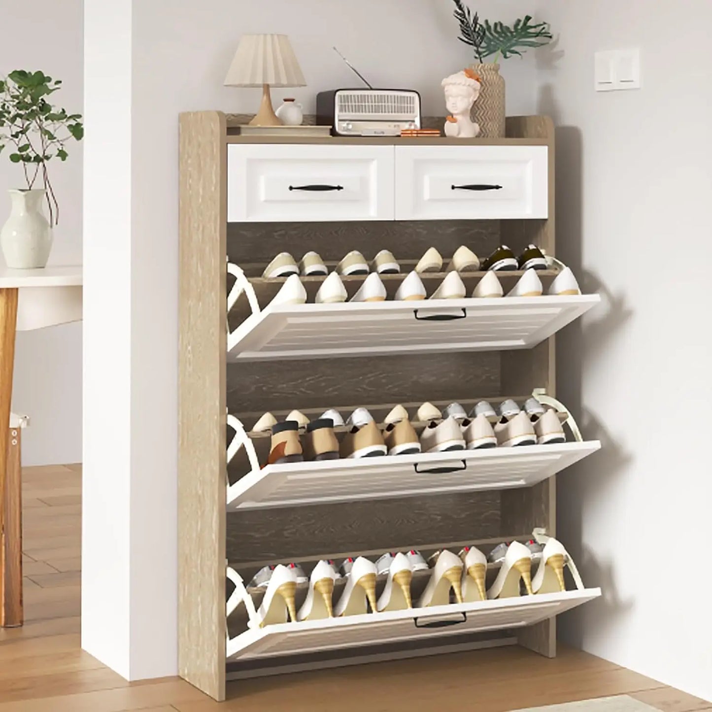 Shoe Storage Cabinet with 3 Flip & 2 Drawers - Holds 18-25 Pairs, White Wood PVC Door Design for Entryway & Hallway