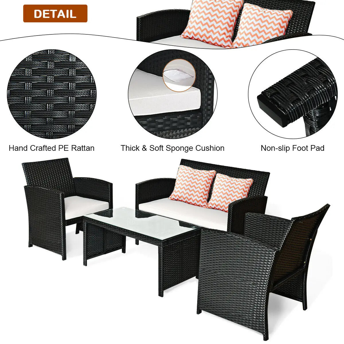 4 Piece Cushioned Patio Rattan Furniture Conversation Set Black Garden Sofa Table