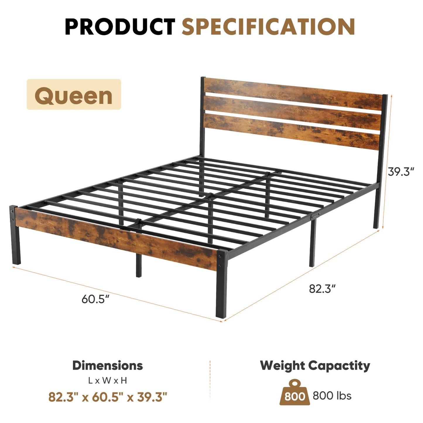 Queen Size Metal Platform Bed Frame With Headboard And Footboard 800 LBS