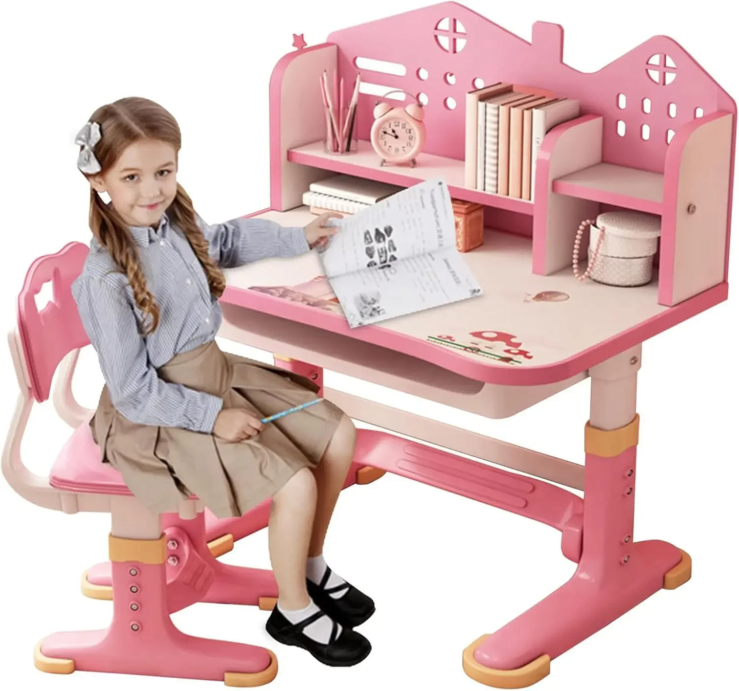 Kids Adjustable Study Table And Chair Set With Bookshelf