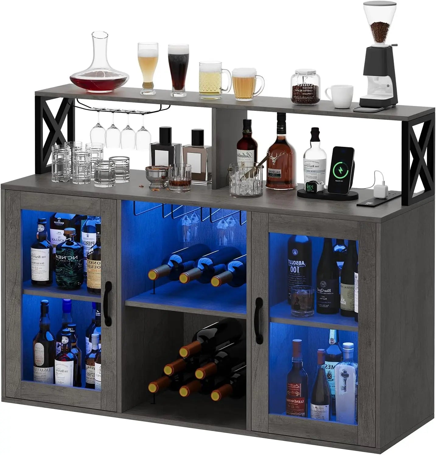 Wine Bar Cabinet with Wine Rack Glass Holder Coffee Bar Storage Cabinet with LED Lights for Home Kitchen Living Room Dining Room
