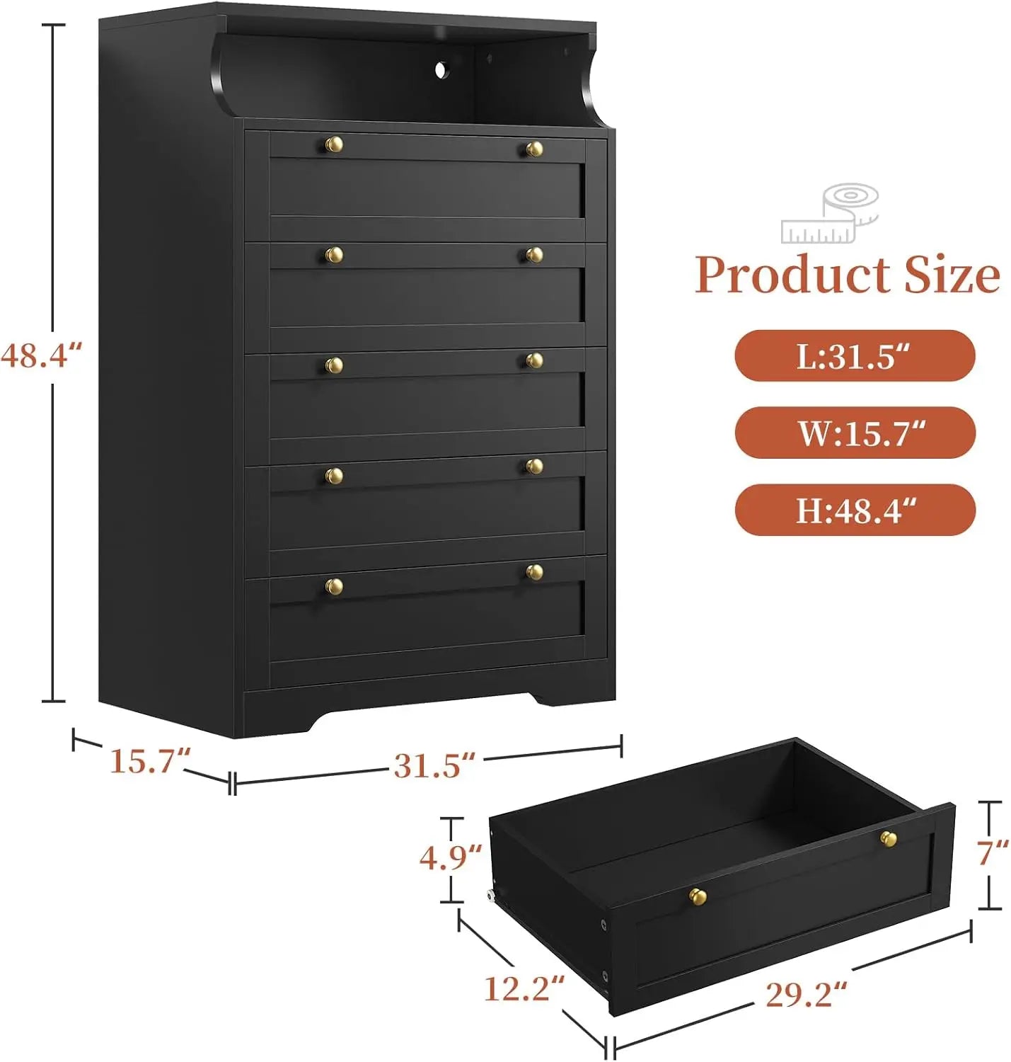 Black Dresser with 5 Drawers for Bedroom,Tall Dresser with LED Lights and 2 Shelves,Dressers & Chests of Drawers for Hallway