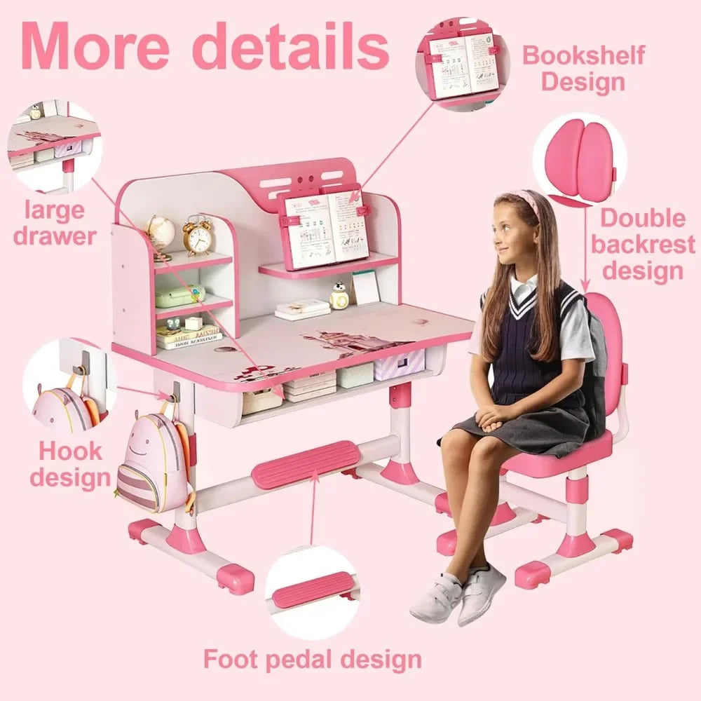 Kids Adjustable Study Table And Chair Set With Bookshelf