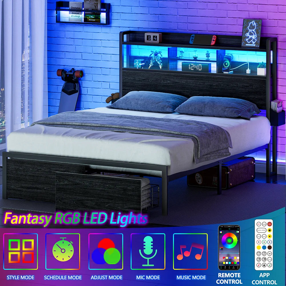Full Queen Size Bed Frame with Storage Headboard Metal Platform Bed Frame with Storage Drawers LED Lights and Charging Station