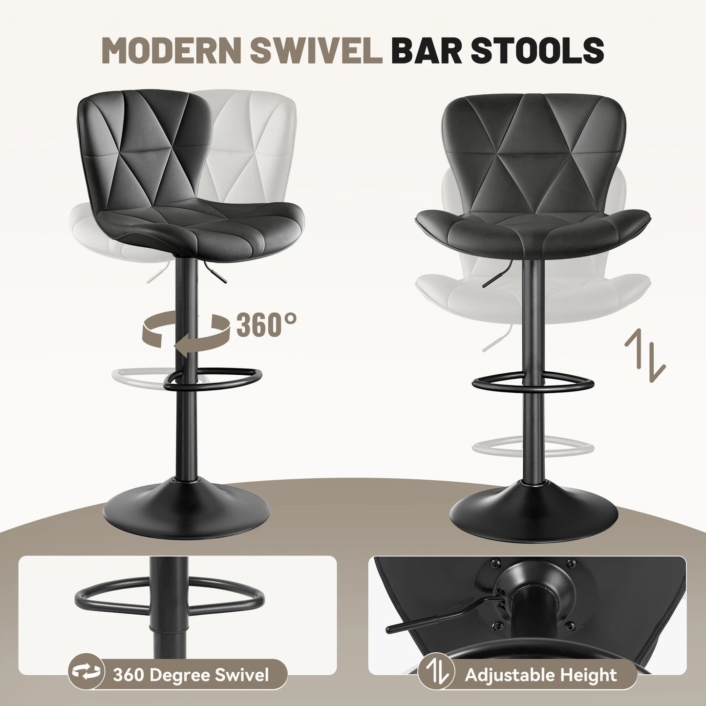 2 Pcs Bar Chair 360 Degree Rotation Adjustable Height Faux Leather Upholstered with Backrest Modern Bar Furniture for Dining Room Kitchen