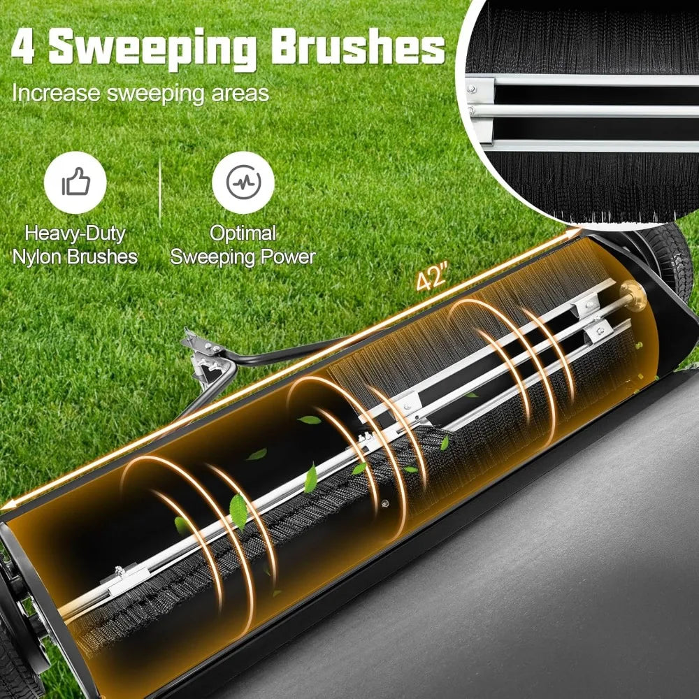 42 Inch Lawn Sweeper Tow Behind Yard Sweeper with 26 Cubic Feet Large Capacity Hopper Bag and Dumping Rope