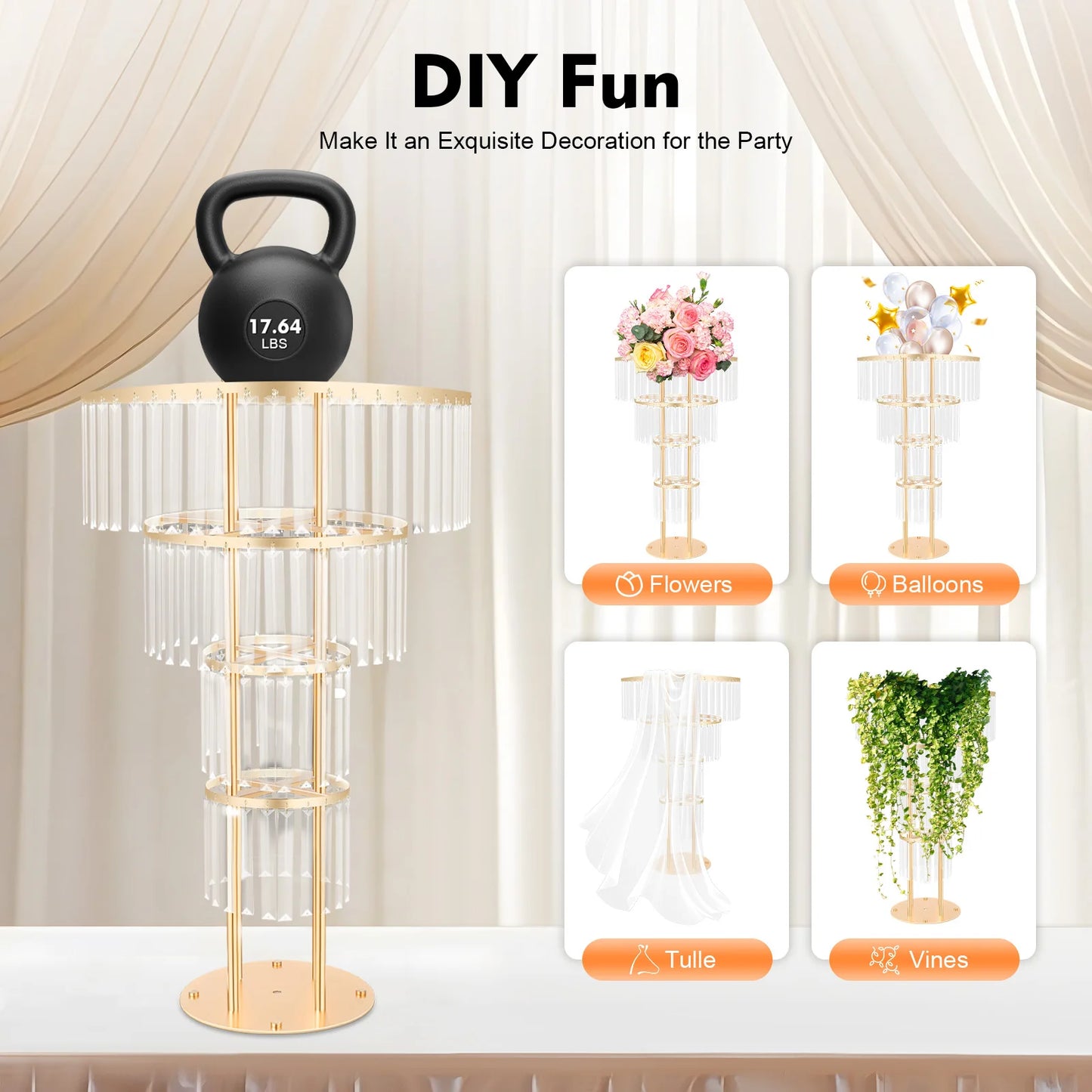 4-Tier Crystal Wedding Flower Stand, Decorative Shelves,37.4-Inch Height, Display Stands for wedding decoration