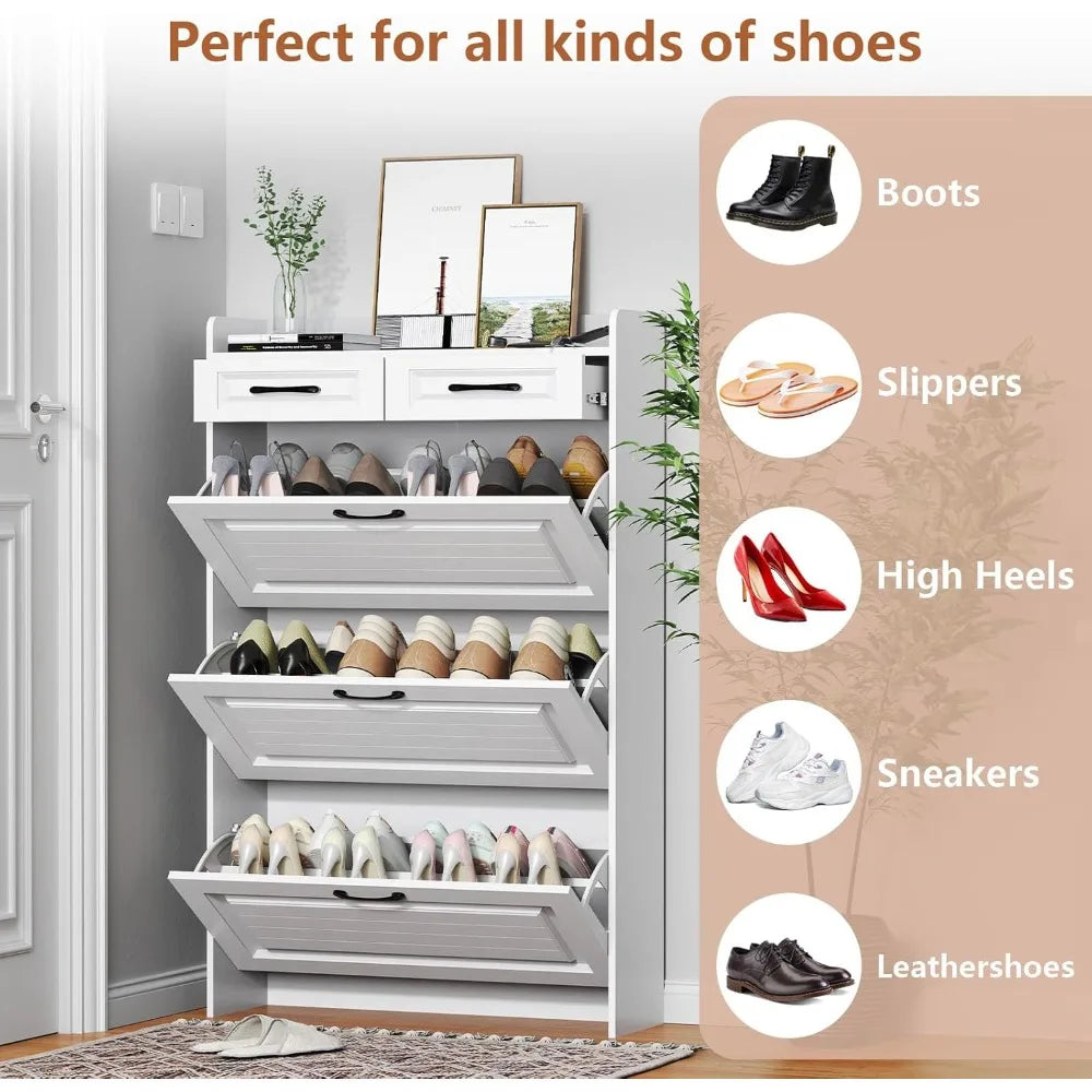 Shoe Storage Cabinet with 3 Flip & 2 Drawers - Holds 18-25 Pairs, White Wood PVC Door Design for Entryway & Hallway