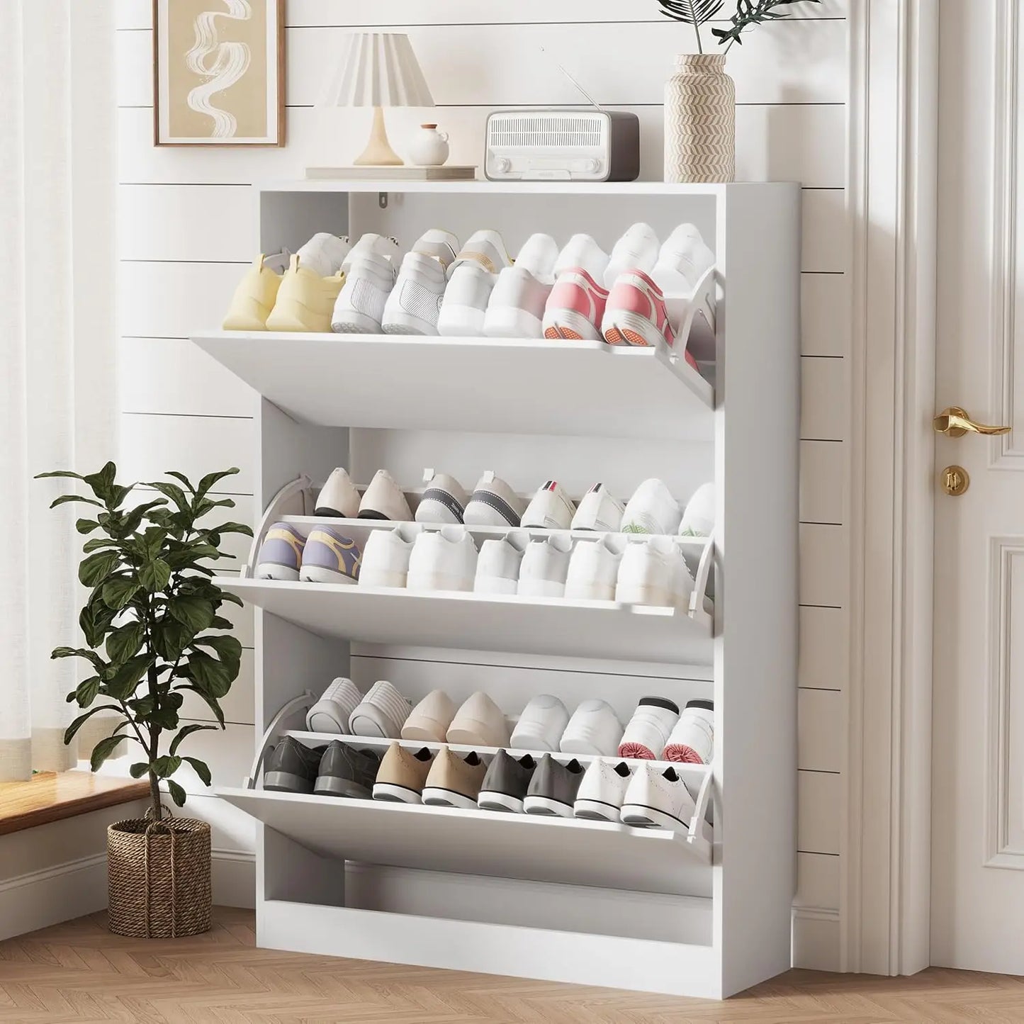 Entryway Wooden Shoe Storage Cabinet With 3 Flip Drawers