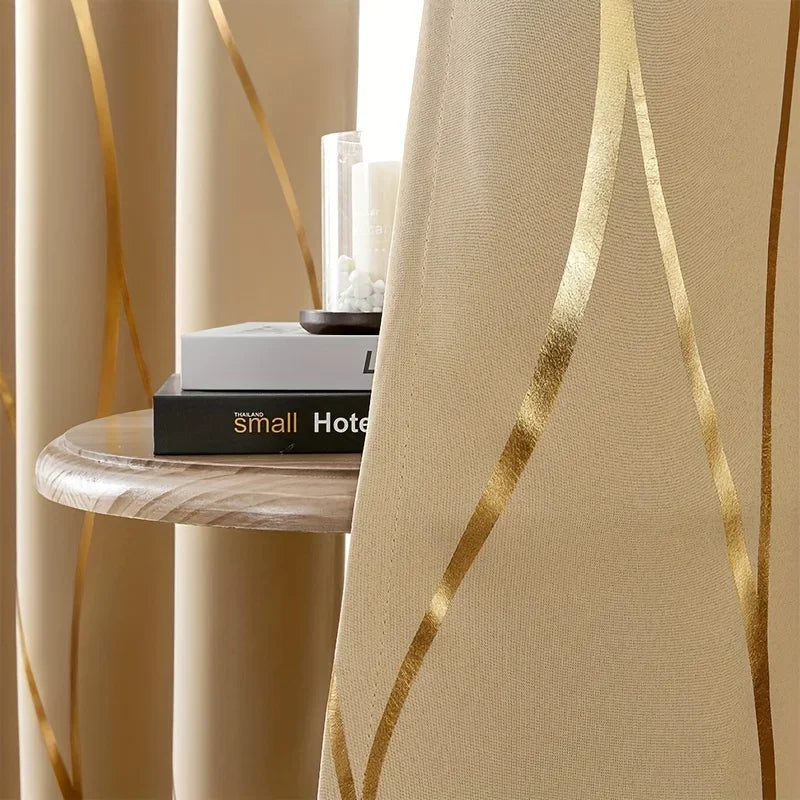 2 Pieces Golden Wave and Circle Blackout Curtains Thermal Insulated Light Filtering Drapes with Grommet Top for Living Room and Bedroom